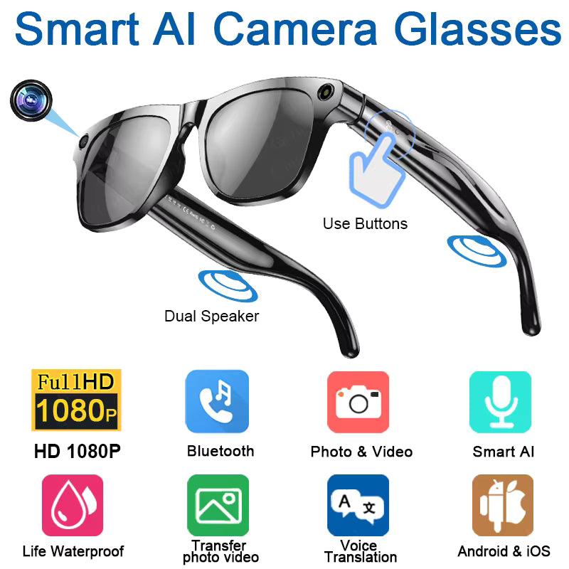 4K Smart AI Glasses 800W pixel AI Shooting Camera HD Photo Video Voice Call Translation Waterproof Bluetooth