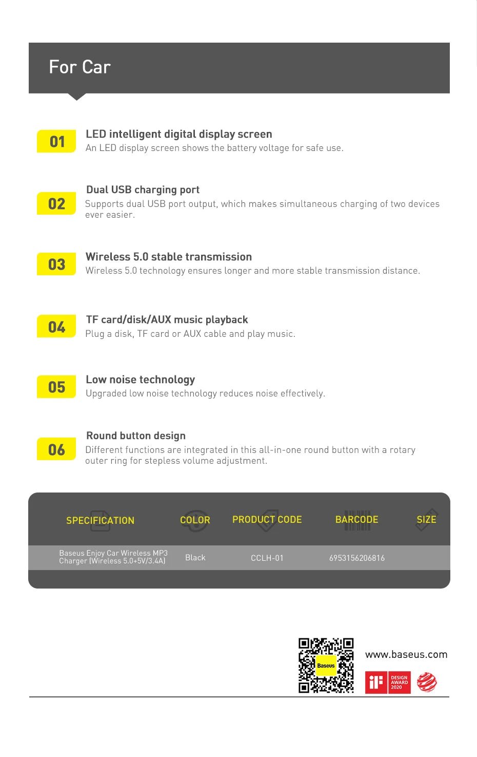 Baseus FM Transmitter Modulator Car Wireless Bluetooth 5.0 USB Fast Charger Auto - Omystec
