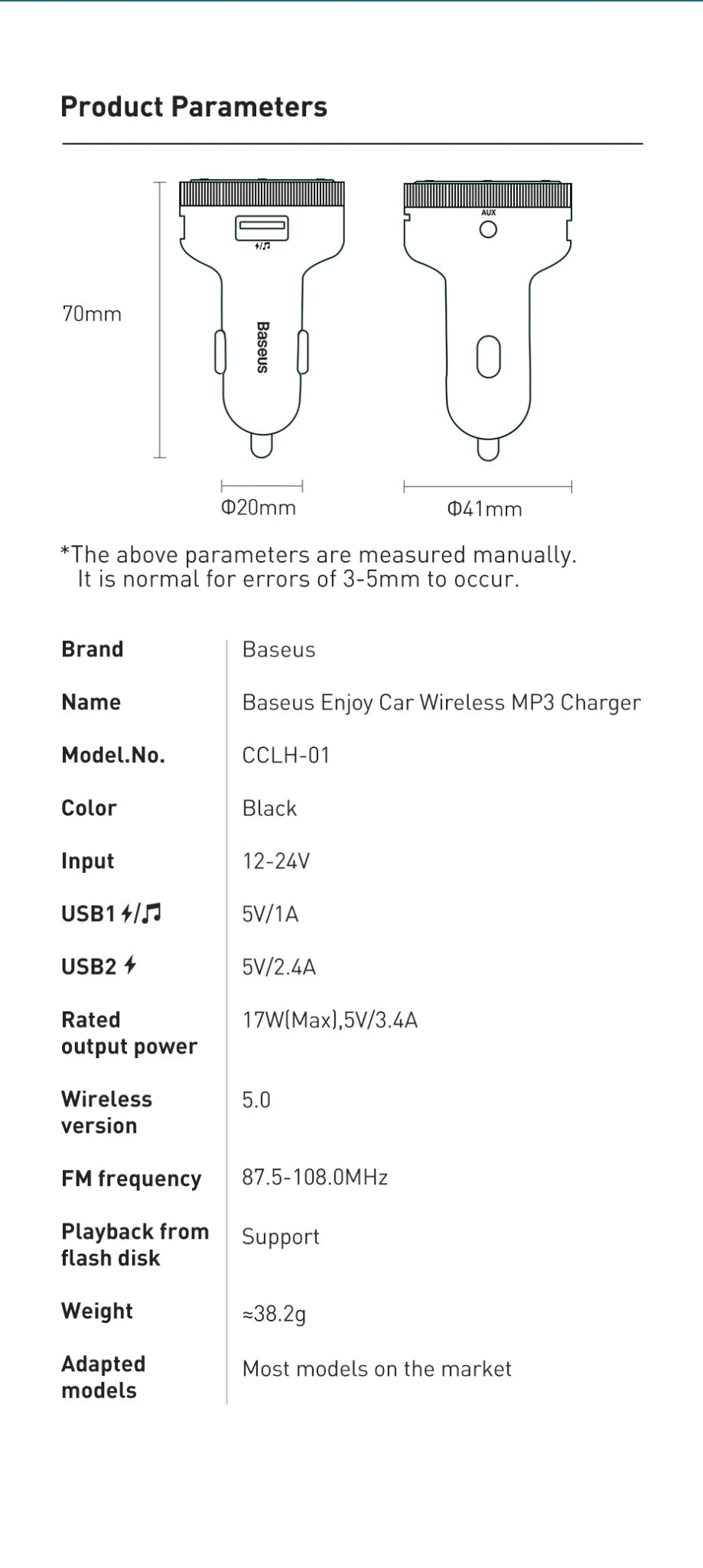 Baseus FM Transmitter Modulator Car Wireless Bluetooth 5.0 USB Fast Charger Auto - Omystec