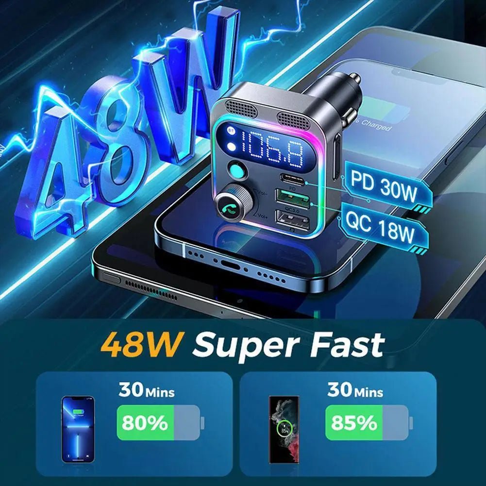 Bluetooth 5.3 FM Transmitter 4 Port USB Car Charger Type C - Omystec