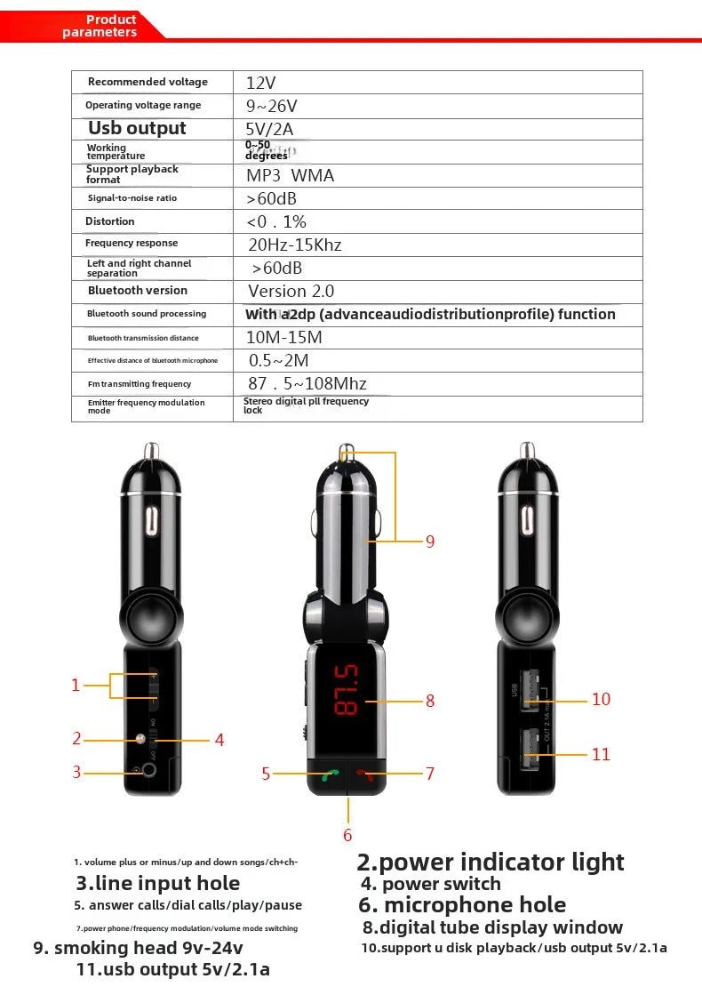 Car Mp3 Bluetooth Hands - free Player Dual USB Car Charger Bc06 - Omystec