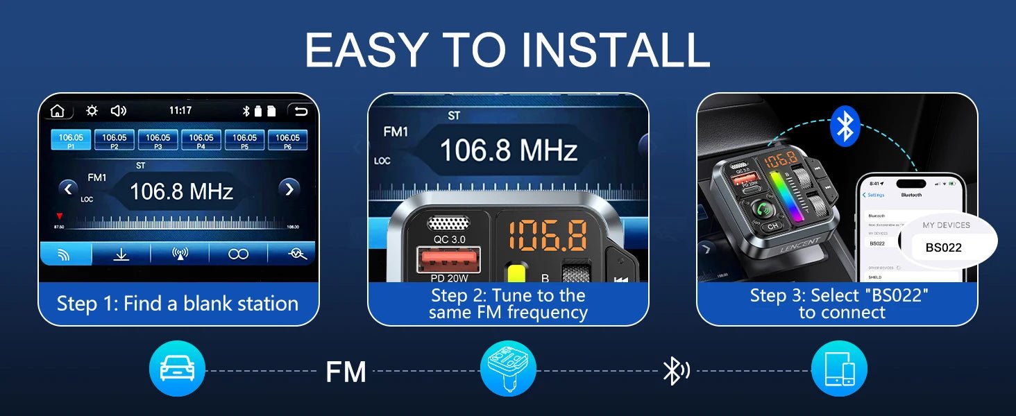 LENCENT Bluetooth 5.3 FM Transmitter Bluetooth Car Adapter - Omystec