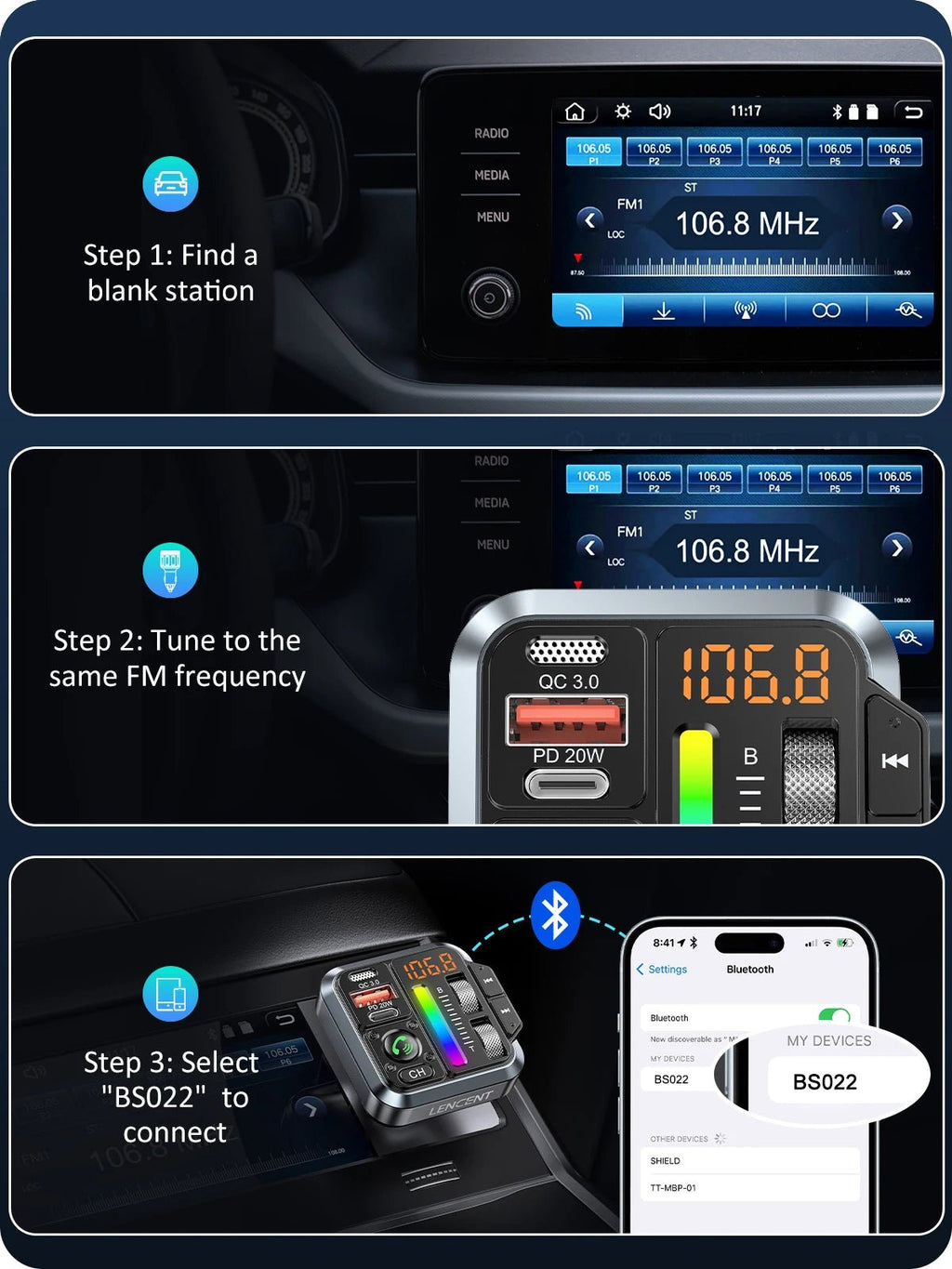 LENCENT Bluetooth 5.3 FM Transmitter Bluetooth Car Adapter - Omystec