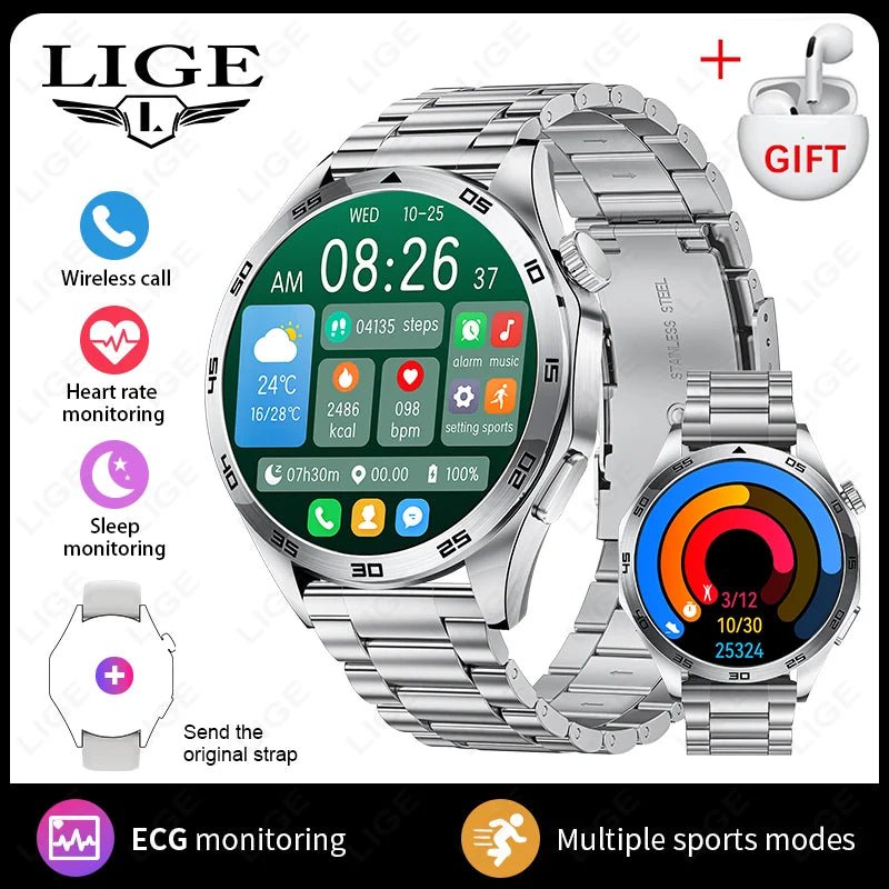 LIGE Men New Smartwatch Bluetooth Call Waterproof Sports Fitness - Omystec