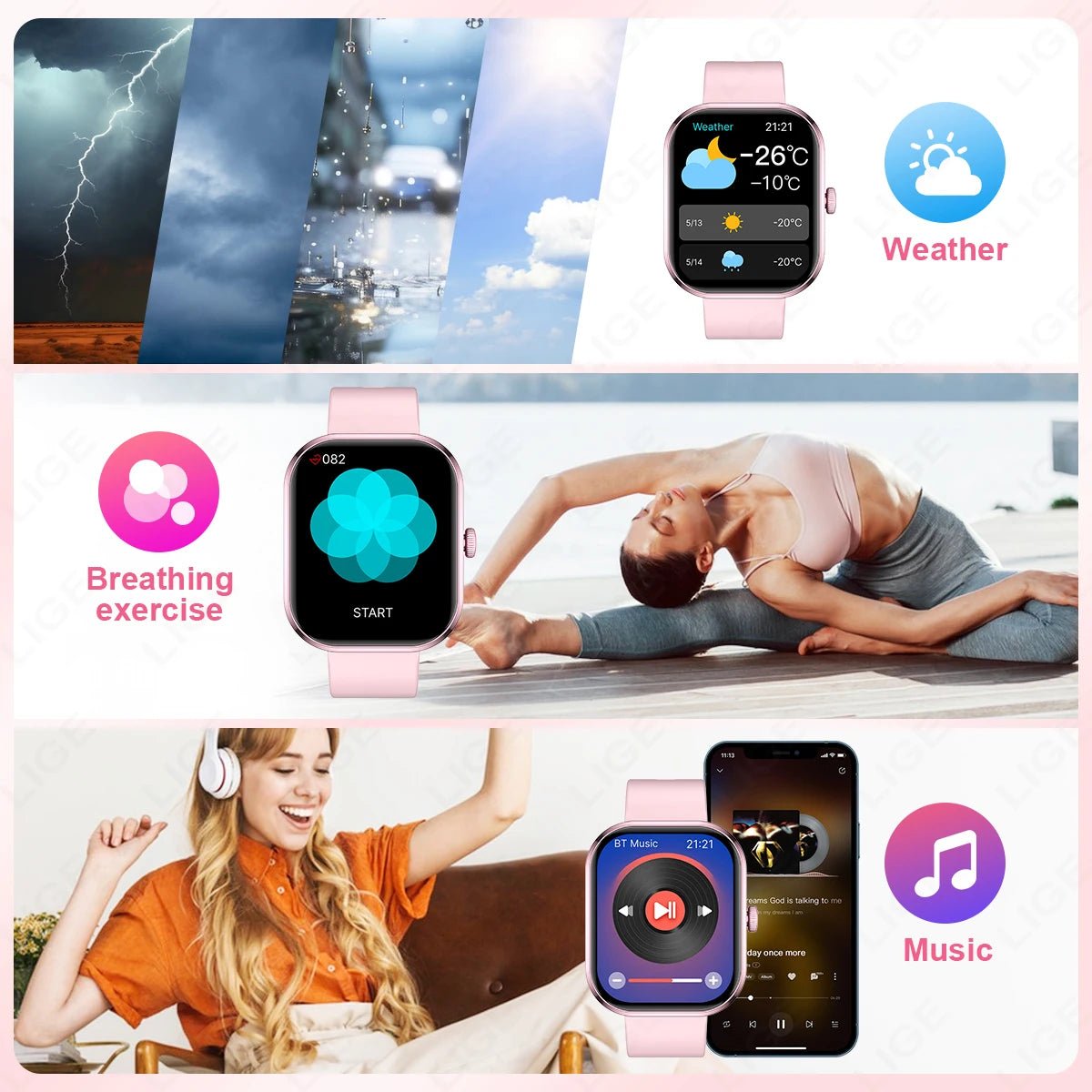 LIGE Smart Watches Ladies Bluetooth Call Sport Bracelet - Omystec