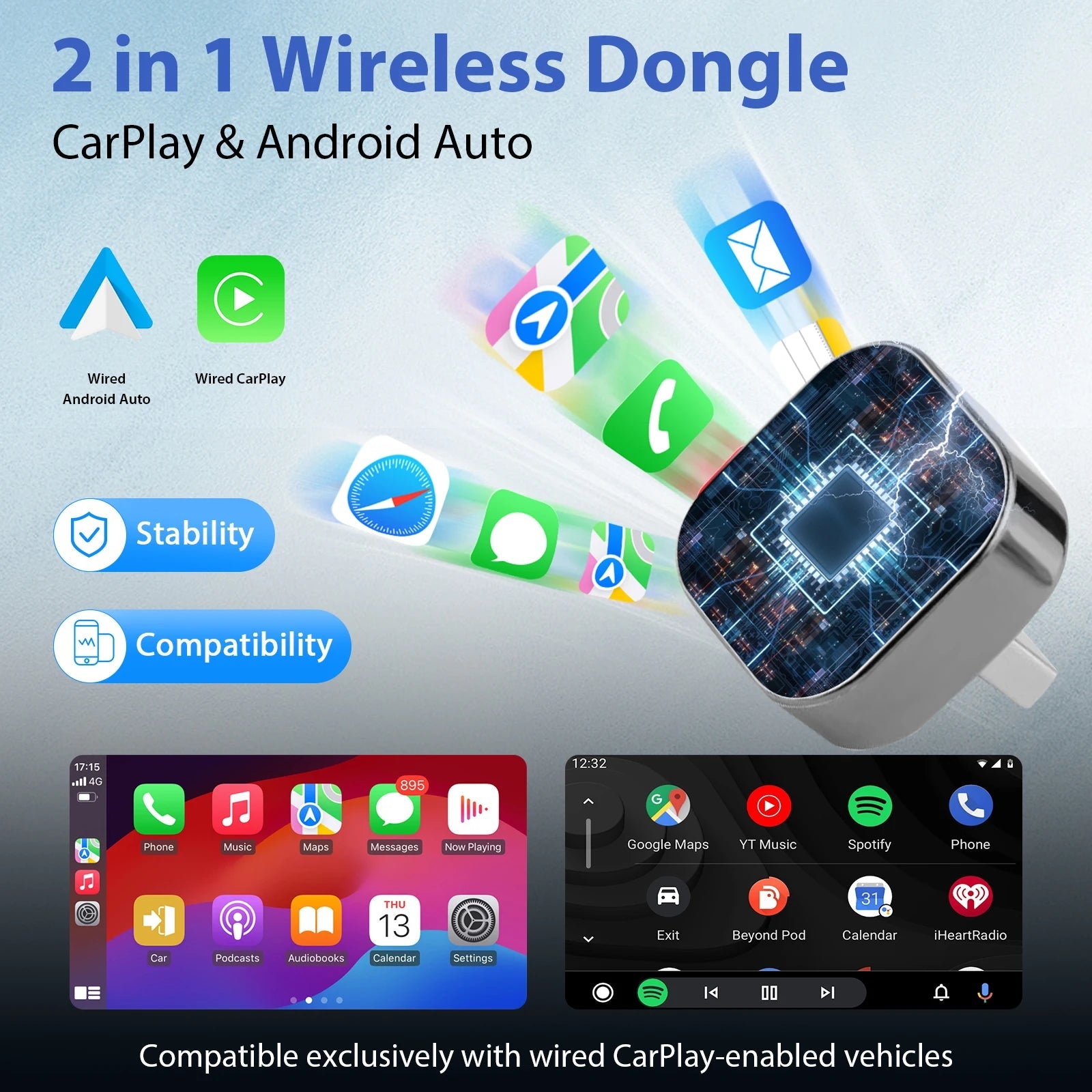 New Pionray 2 in 1 Wireless CarPlay Adapter&Android Auto Wireless Adapter, 5Ghz WiFi Type - C/USB Plug Play - Omystec