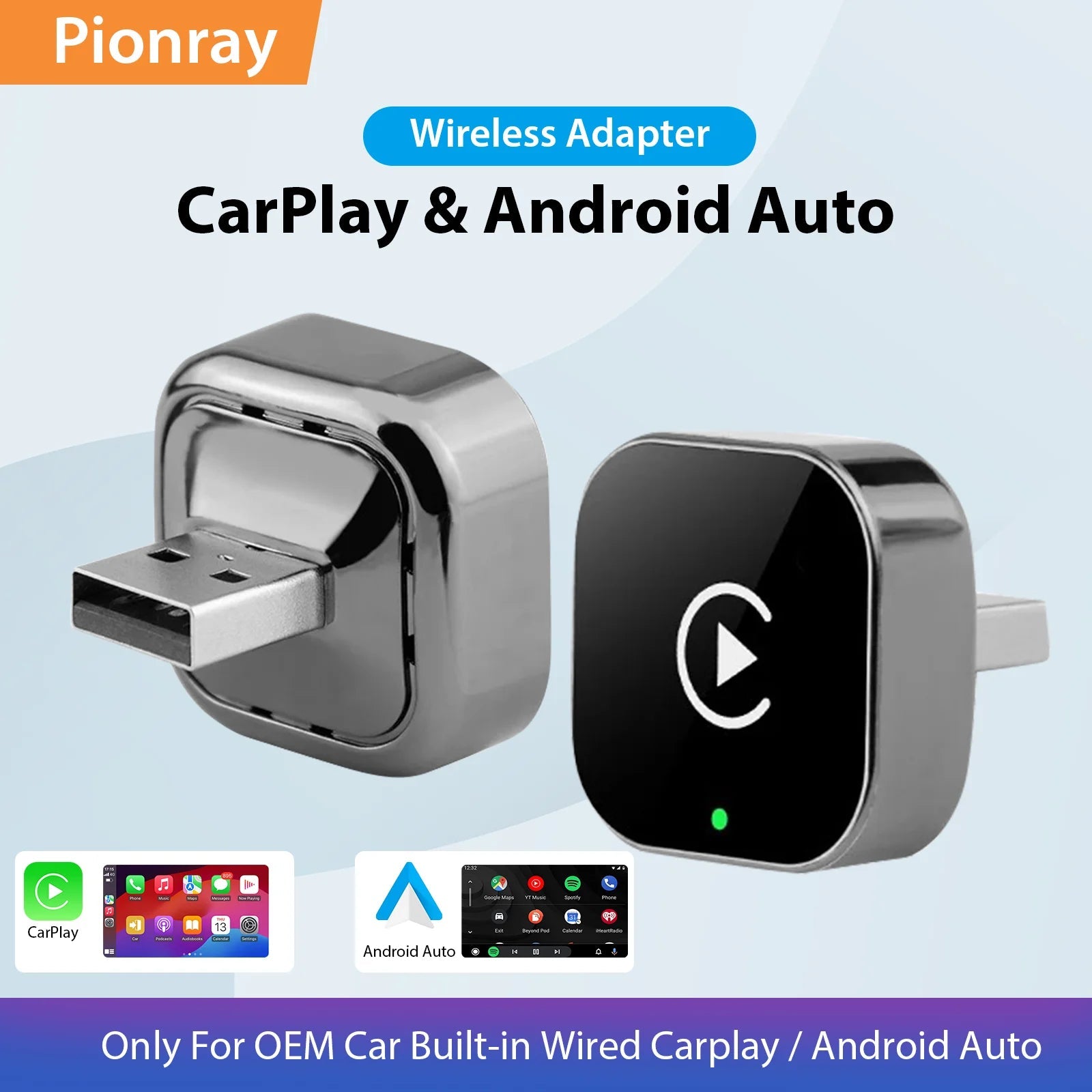 New Pionray 2 in 1 Wireless CarPlay Adapter&Android Auto Wireless Adapter, 5Ghz WiFi Type - C/USB Plug Play - Omystec