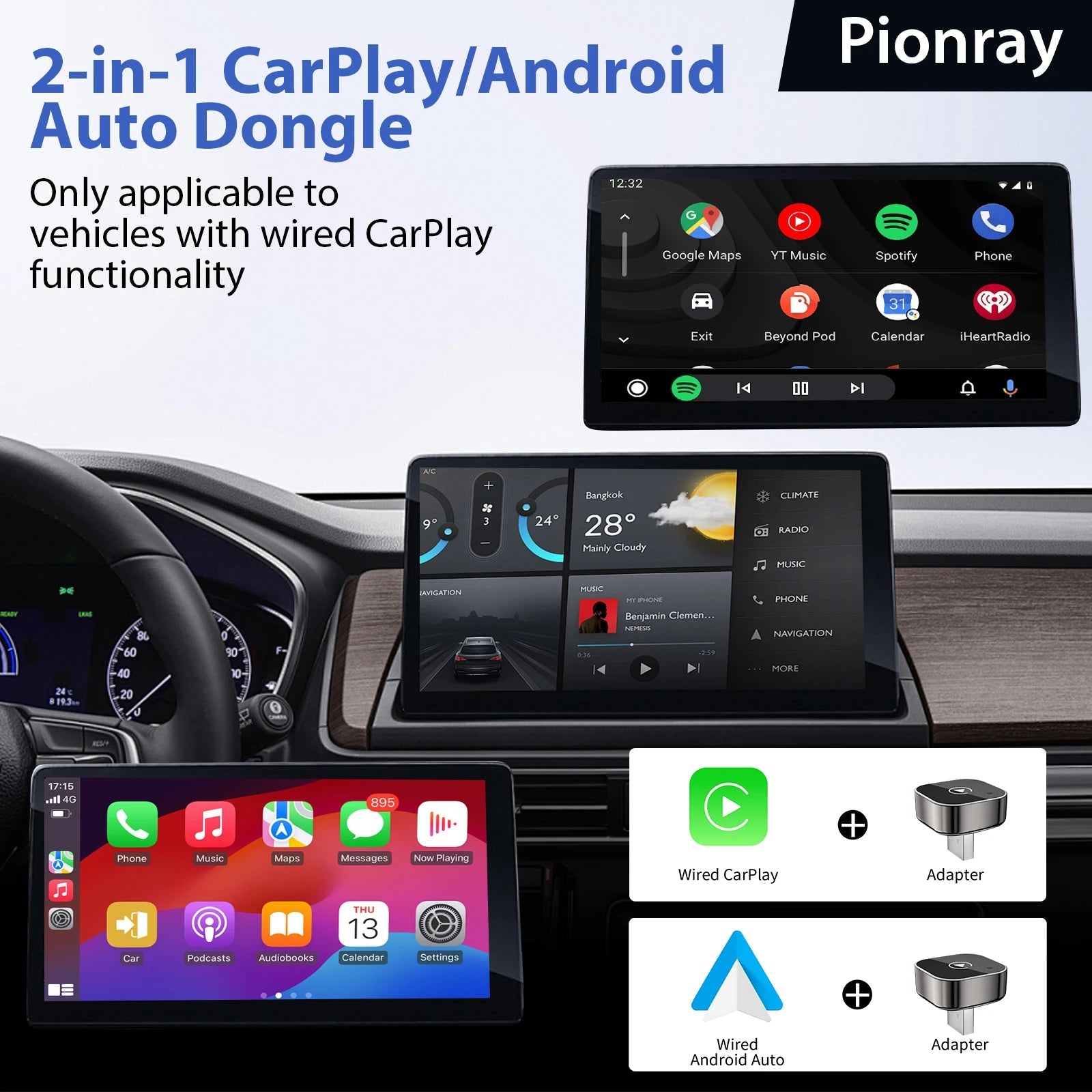 New Pionray 2 in 1 Wireless CarPlay Adapter&Android Auto Wireless Adapter, 5Ghz WiFi Type - C/USB Plug Play - Omystec