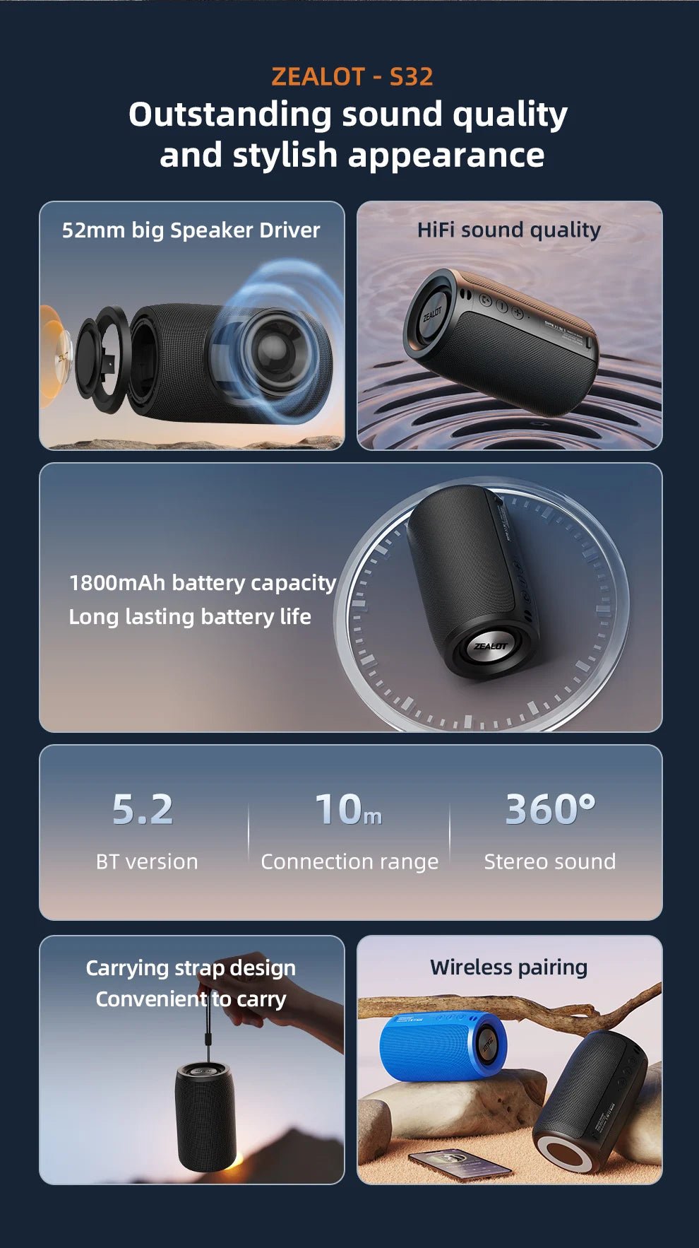 ZEALOT - S32 Mini Portable Bluetooth Speaker HIFI Subwoofer Wireless - Omystec